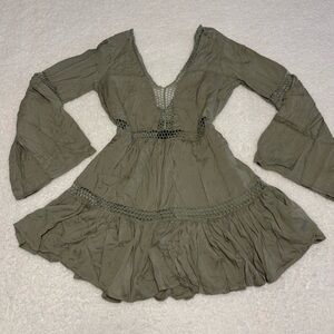 Forever 21 Women Olive Green Boho Tiered Crochet Mini Dress